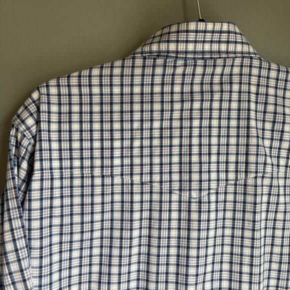 WRANGLER Men's Medium Blue Plaid Windowpane Western Pearl Snap Button Up Cowboy - Picture 8 of 10